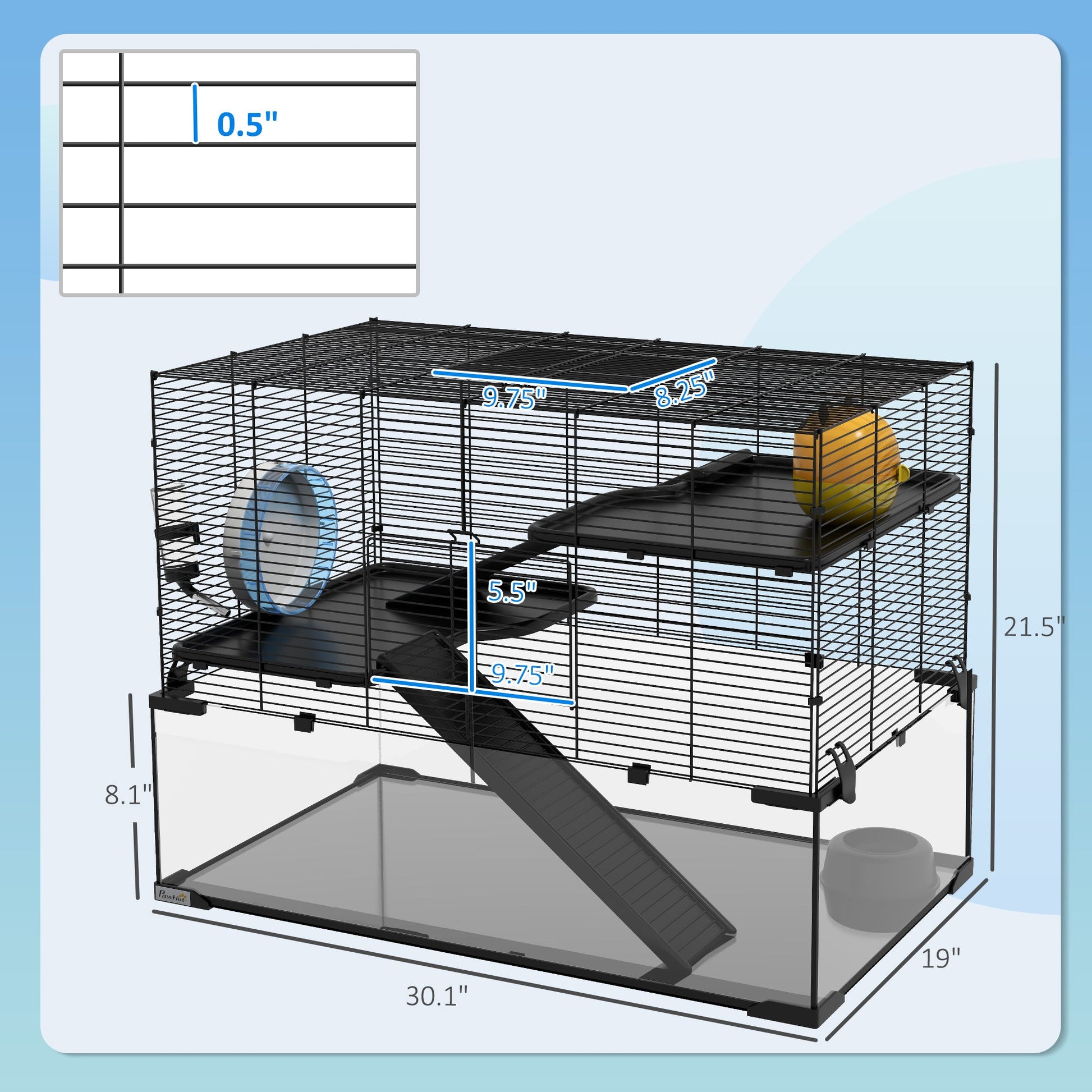 KFX-0949181 31" Black Glass Hamster & Gerbil Cage with 3-Tier Design, Ramps, and Accessories