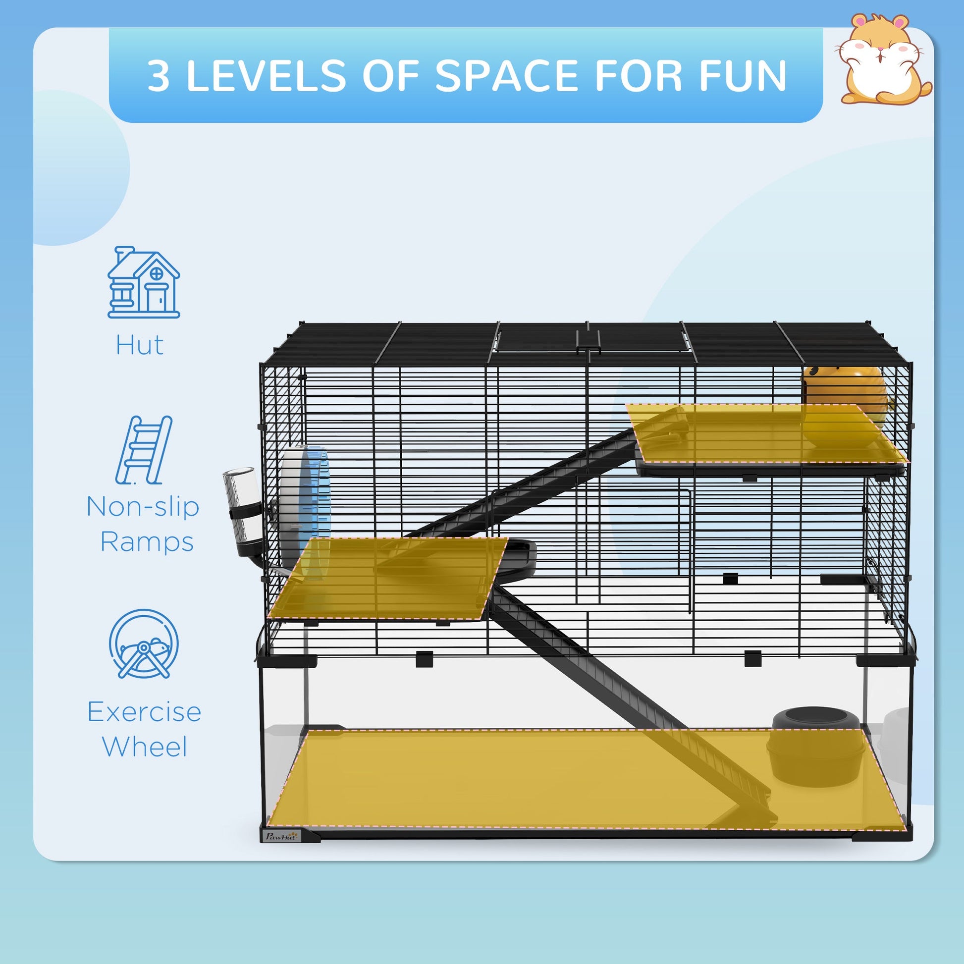KFX-0949181 31" Black Glass Hamster & Gerbil Cage with 3-Tier Design, Ramps, and Accessories
