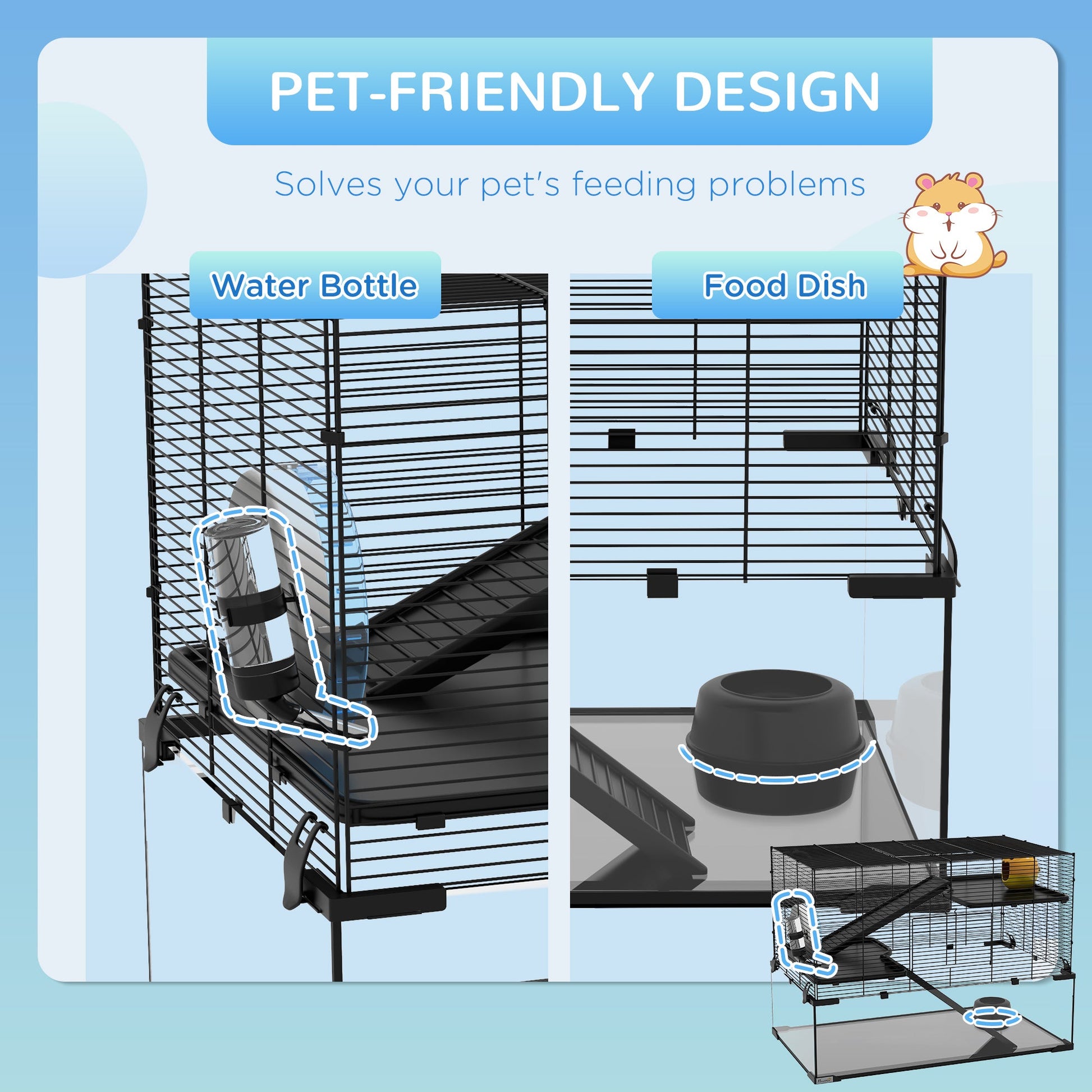 KFX-0949181 31" Black Glass Hamster & Gerbil Cage with 3-Tier Design, Ramps, and Accessories