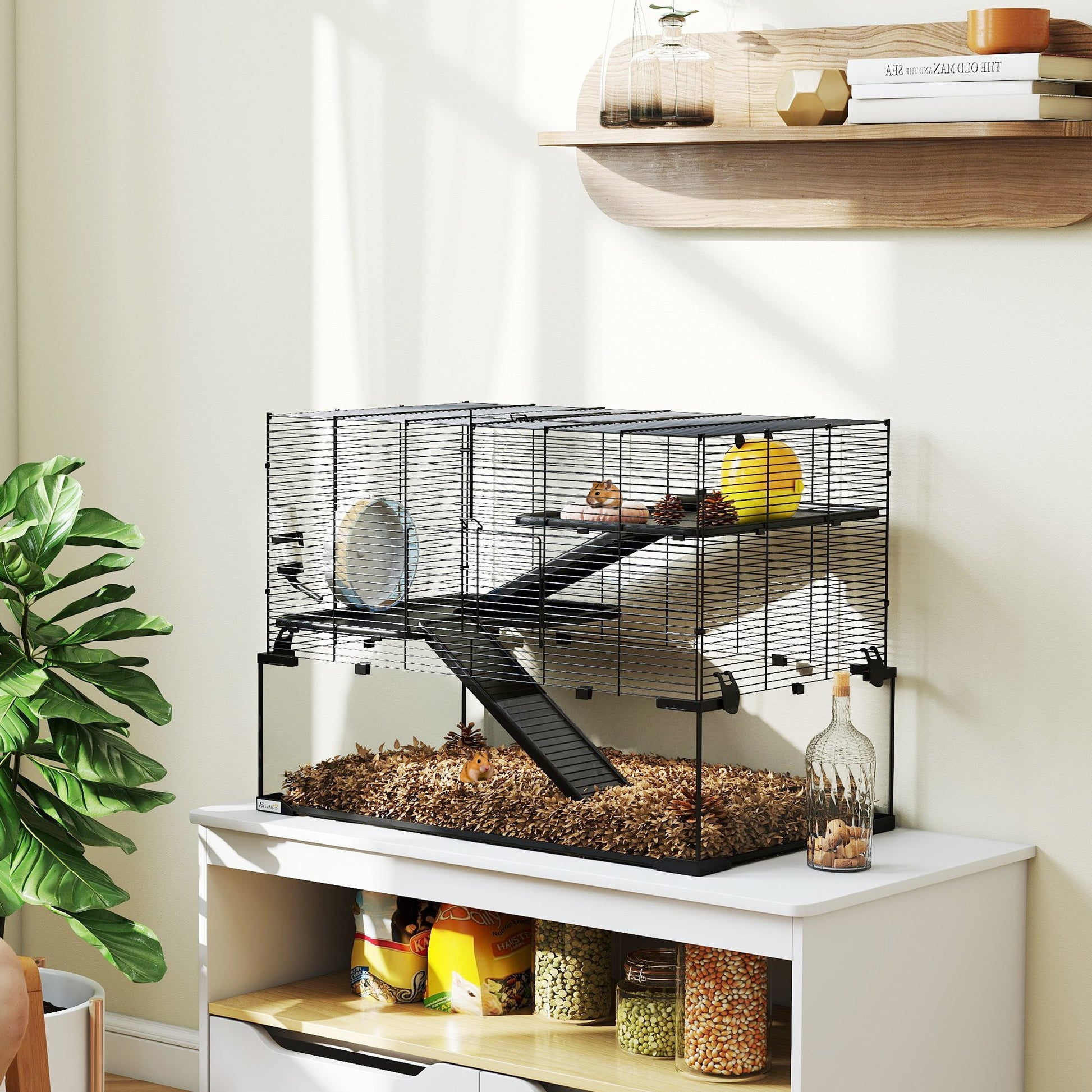 KFX-0949181 31" Black Glass Hamster & Gerbil Cage with 3-Tier Design, Ramps, and Accessories