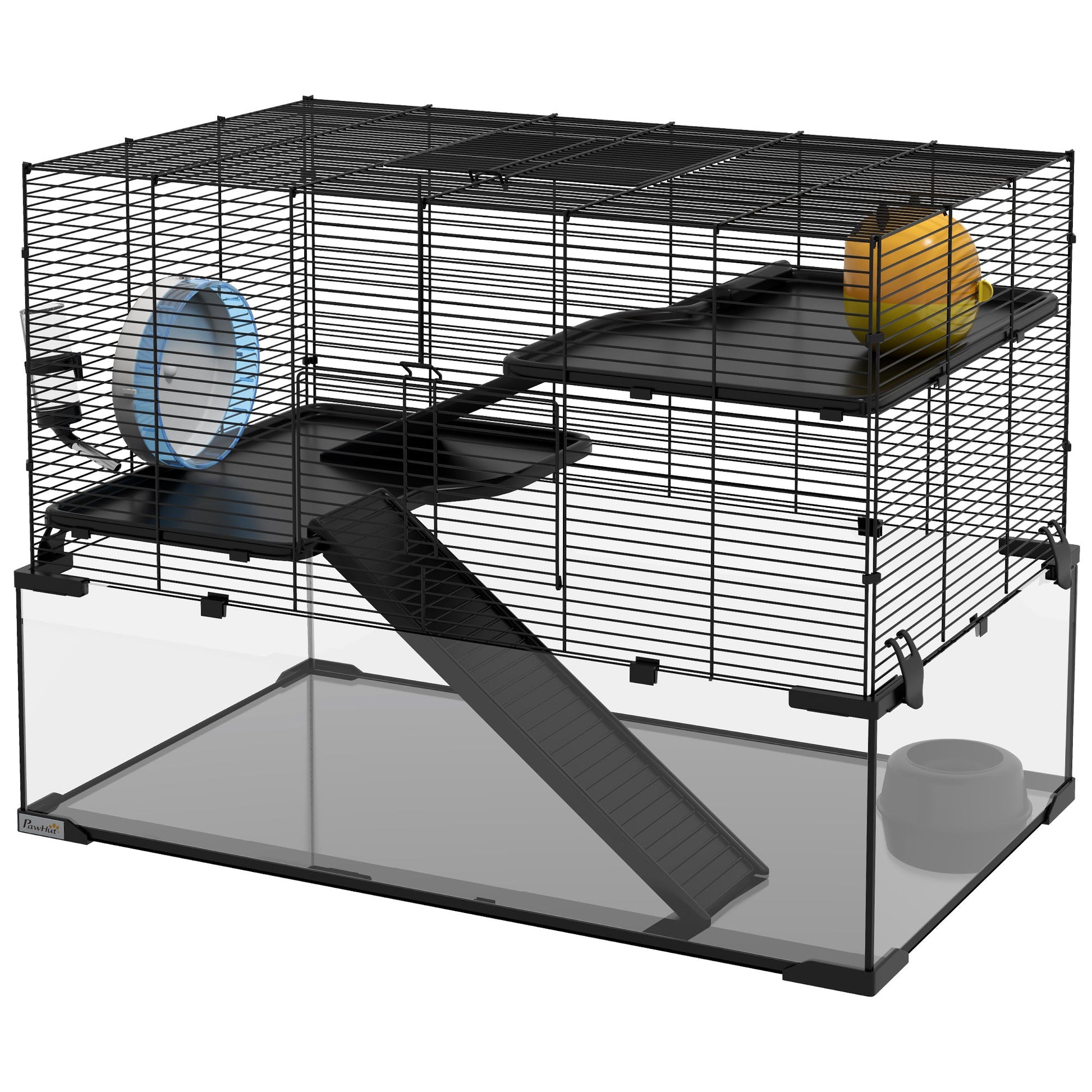 KFX-0949181 31" Black Glass Hamster & Gerbil Cage with 3-Tier Design, Ramps, and Accessories