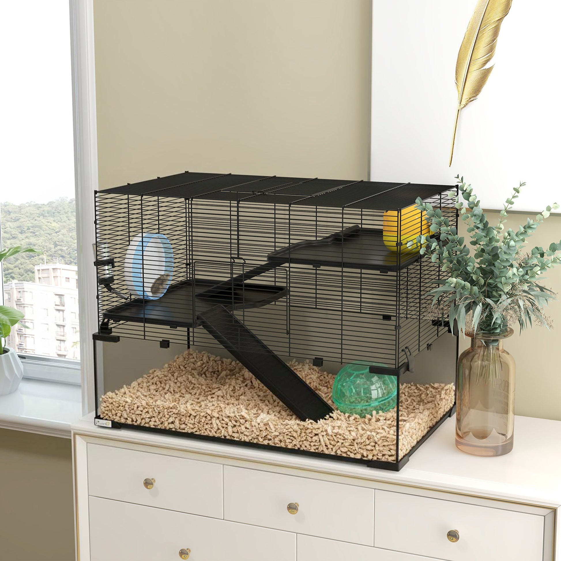 KFX-0949181 31" Black Glass Hamster & Gerbil Cage with 3-Tier Design, Ramps, and Accessories
