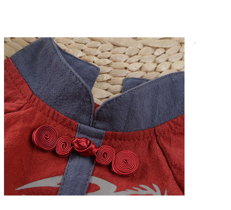 KFX-0961597 Chinese Style Hanfu Vest for Pets - Cotton Fabric in Red and Gray, Sizes XS to XL