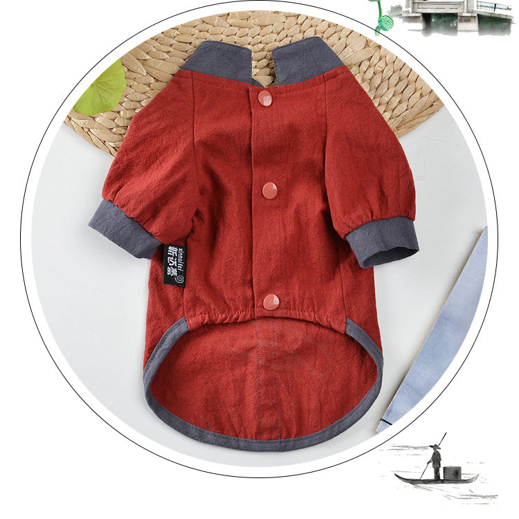 KFX-0961597 Chinese Style Hanfu Vest for Pets - Cotton Fabric in Red and Gray, Sizes XS to XL