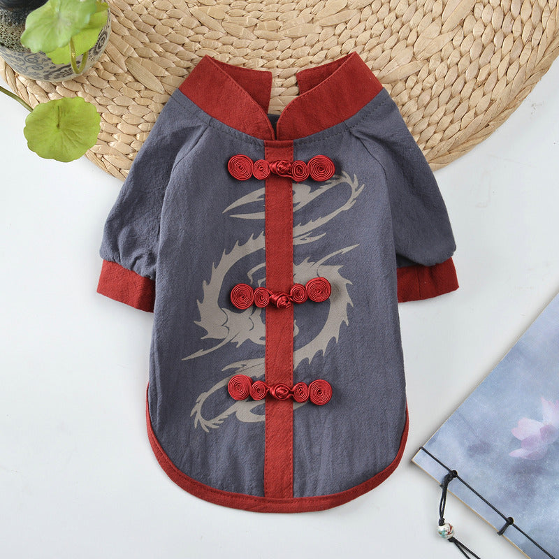 KFX-0961597 Chinese Style Hanfu Vest for Pets - Cotton Fabric in Red and Gray, Sizes XS to XL