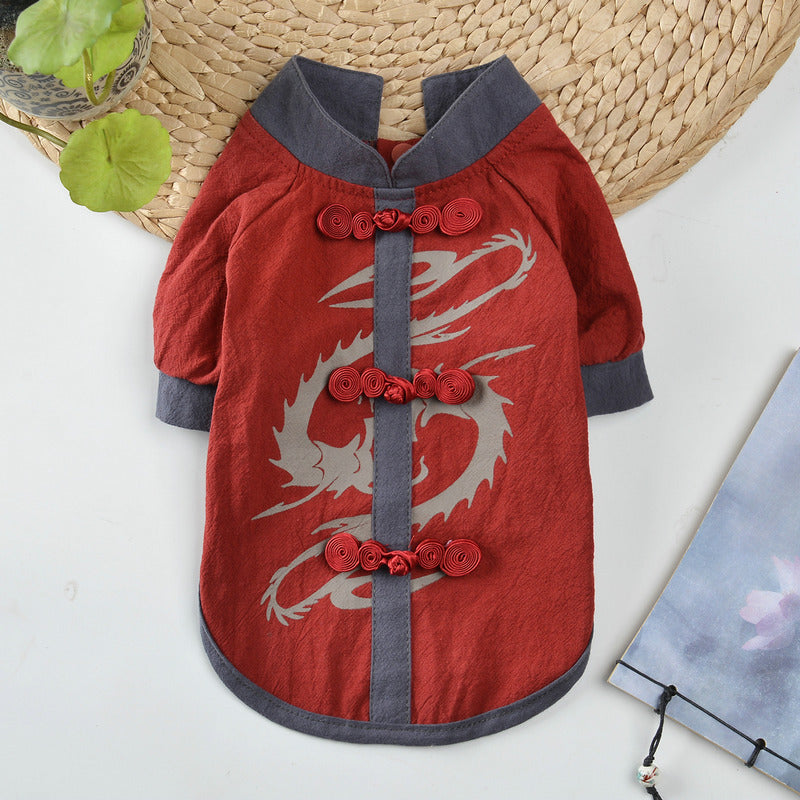 KFX-0961597 Chinese Style Hanfu Vest for Pets - Cotton Fabric in Red and Gray, Sizes XS to XL