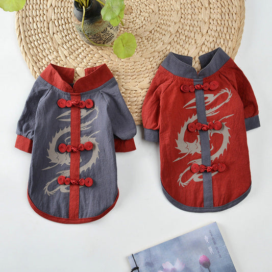KFX-0961597 Chinese Style Hanfu Vest for Pets - Cotton Fabric in Red and Gray, Sizes XS to XL