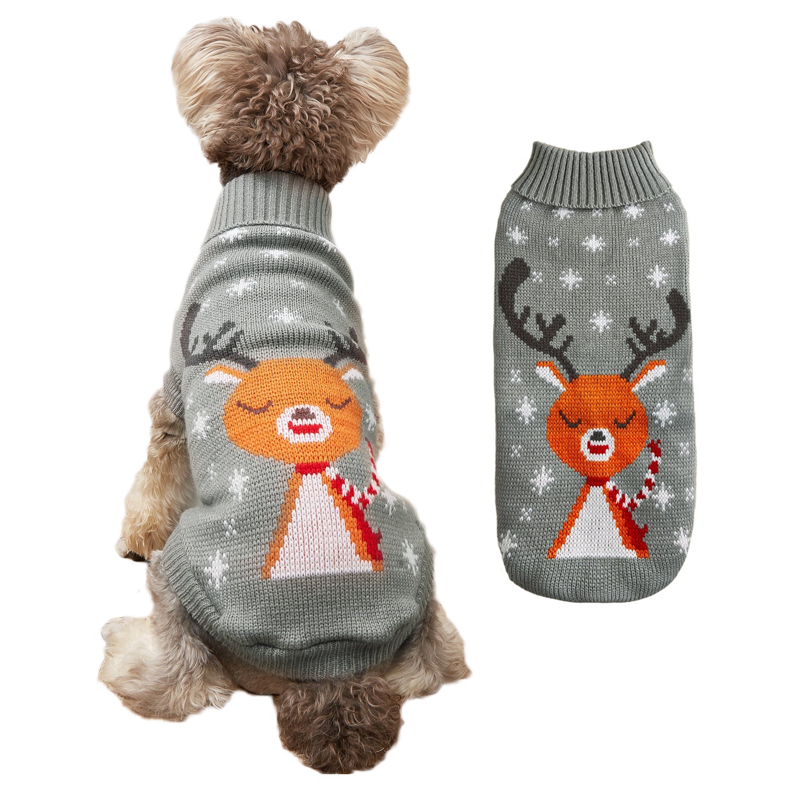 KFX-0964797 Cozy Knitted Gray Deer Pet Sweater for Holiday Seasons