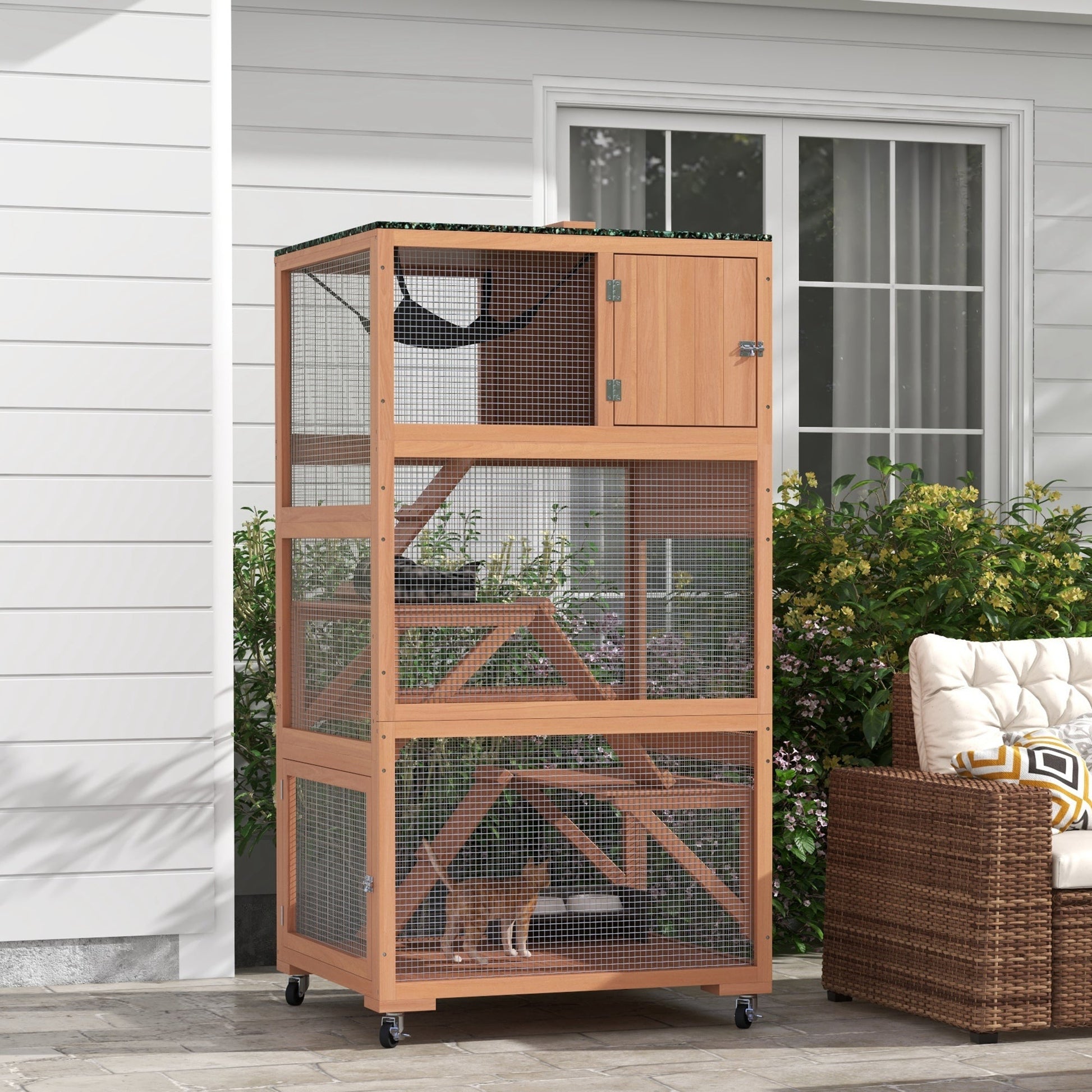 KFX-0970813 Outdoor Cat Enclosure with Hammock and Ramp on Wheels - Fits Multiple Cats