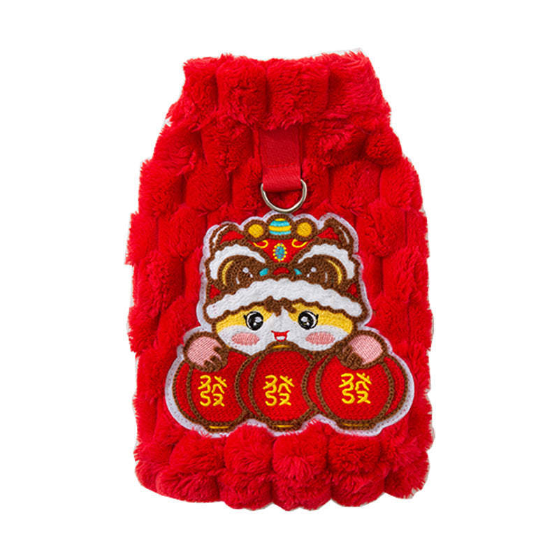 KFX-0971325 Lunar New Year Lion Dance Pet Vest for Small Dogs and Cats - Cozy Fleece Coat with Leash Ring