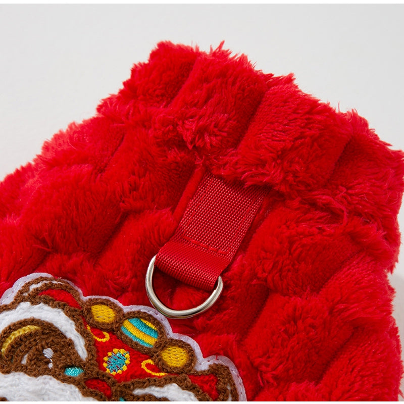 KFX-0971325 Lunar New Year Lion Dance Pet Vest for Small Dogs and Cats - Cozy Fleece Coat with Leash Ring