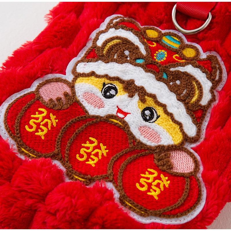 KFX-0971325 Lunar New Year Lion Dance Pet Vest for Small Dogs and Cats - Cozy Fleece Coat with Leash Ring