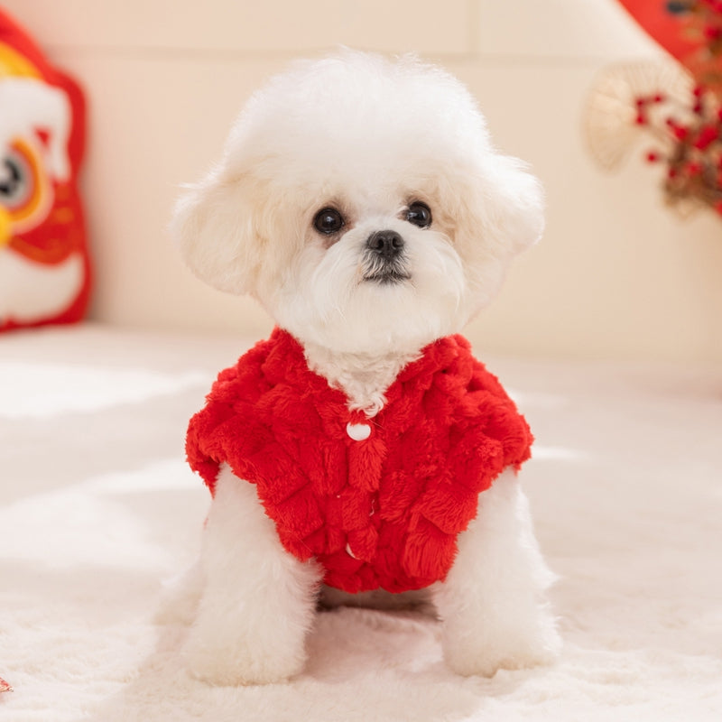 KFX-0971325 Lunar New Year Lion Dance Pet Vest for Small Dogs and Cats - Cozy Fleece Coat with Leash Ring