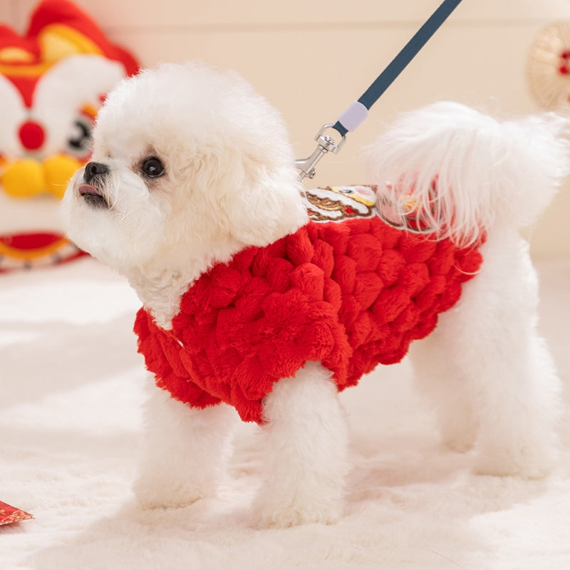 KFX-0971325 Lunar New Year Lion Dance Pet Vest for Small Dogs and Cats - Cozy Fleece Coat with Leash Ring