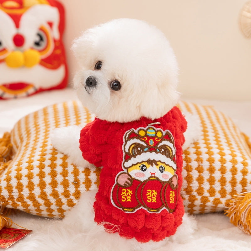KFX-0971325 Lunar New Year Lion Dance Pet Vest for Small Dogs and Cats - Cozy Fleece Coat with Leash Ring