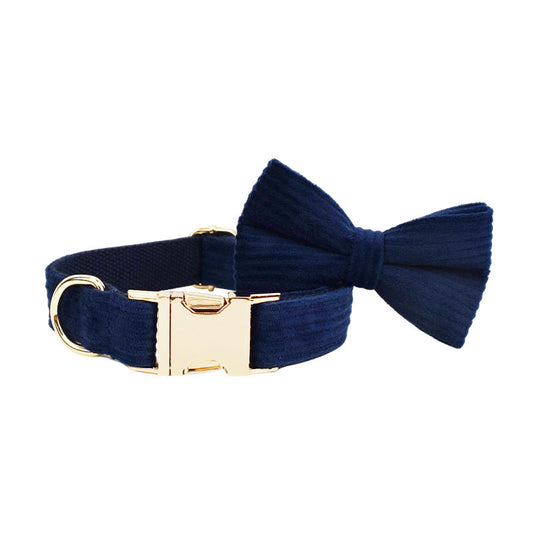 KFX-0972349 Navy Blue Corduroy Five-Piece Pet Accessory Set: Collar, Leash, Bow, Vest, Poop Bag