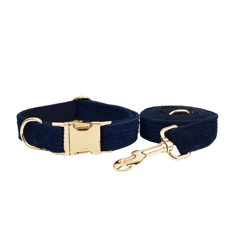 KFX-0972349 Navy Blue Corduroy Five-Piece Pet Accessory Set: Collar, Leash, Bow, Vest, Poop Bag