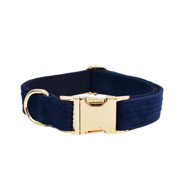 KFX-0972349 Navy Blue Corduroy Five-Piece Pet Accessory Set: Collar, Leash, Bow, Vest, Poop Bag
