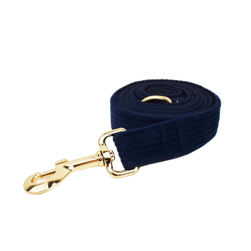 KFX-0972349 Navy Blue Corduroy Five-Piece Pet Accessory Set: Collar, Leash, Bow, Vest, Poop Bag