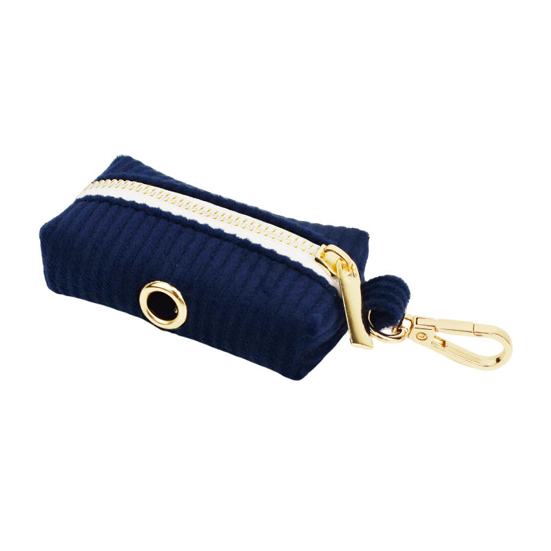 KFX-0972349 Navy Blue Corduroy Five-Piece Pet Accessory Set: Collar, Leash, Bow, Vest, Poop Bag