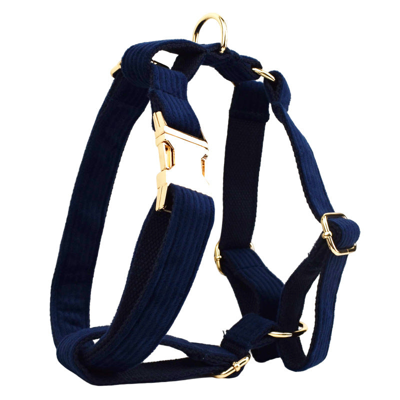 KFX-0972349 Navy Blue Corduroy Five-Piece Pet Accessory Set: Collar, Leash, Bow, Vest, Poop Bag
