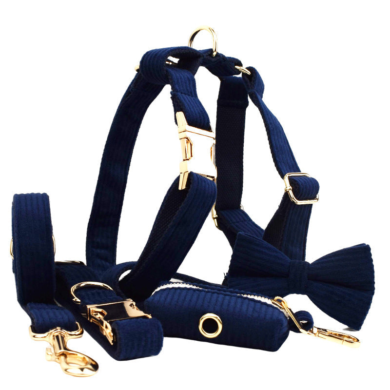 KFX-0972349 Navy Blue Corduroy Five-Piece Pet Accessory Set: Collar, Leash, Bow, Vest, Poop Bag