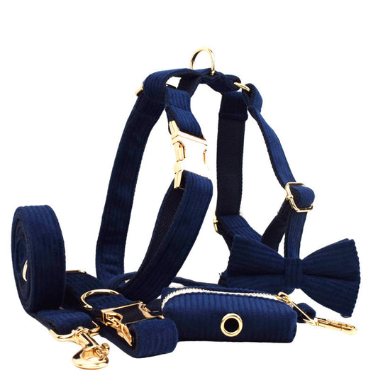 KFX-0972349 Navy Blue Corduroy Five-Piece Pet Accessory Set: Collar, Leash, Bow, Vest, Poop Bag