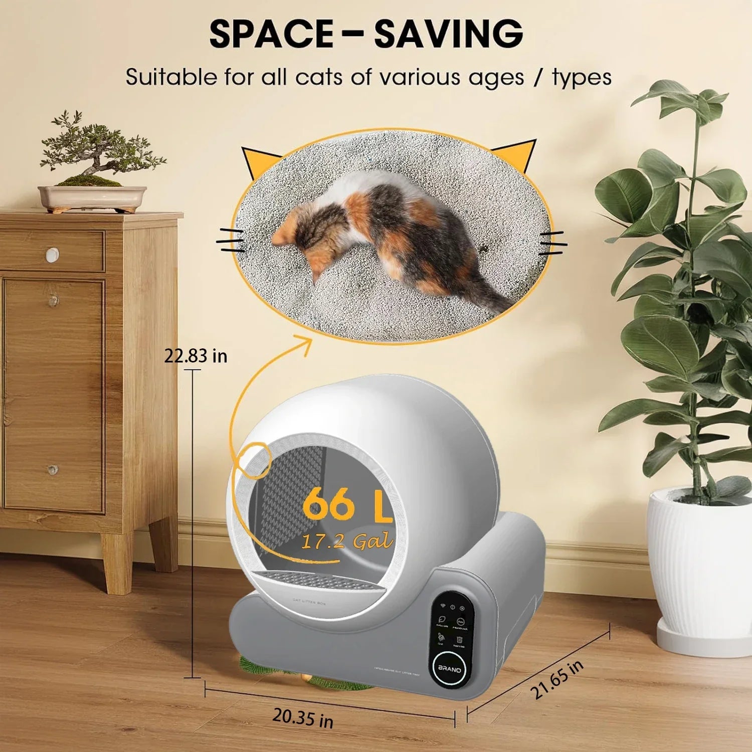 KFX-097235 Smart Self-Cleaning Cat Litter Box with Odor Control and App Monitoring, 66L Capacity