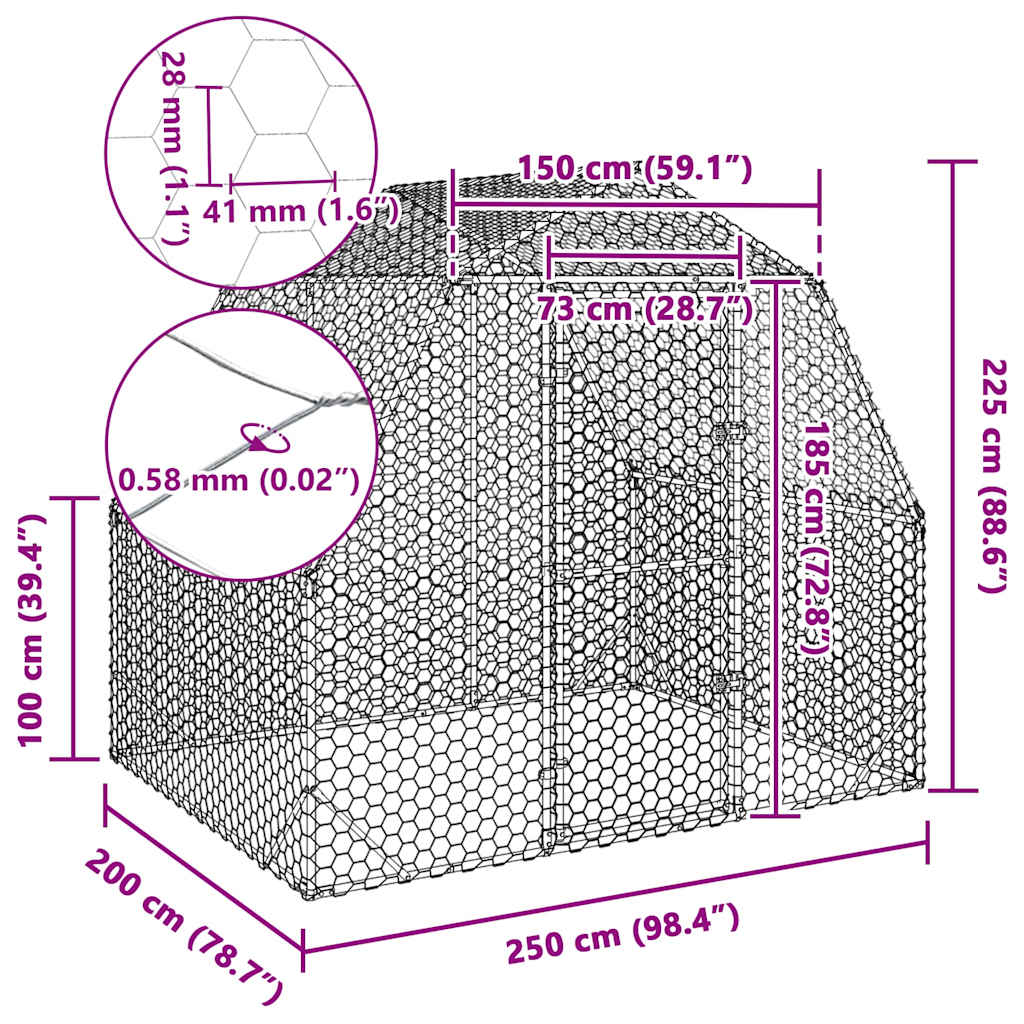 KFX-0974141 Galvanized Steel Chicken Coop - Spacious 2.5x2x2.25 m Run for Chickens and Small Animals