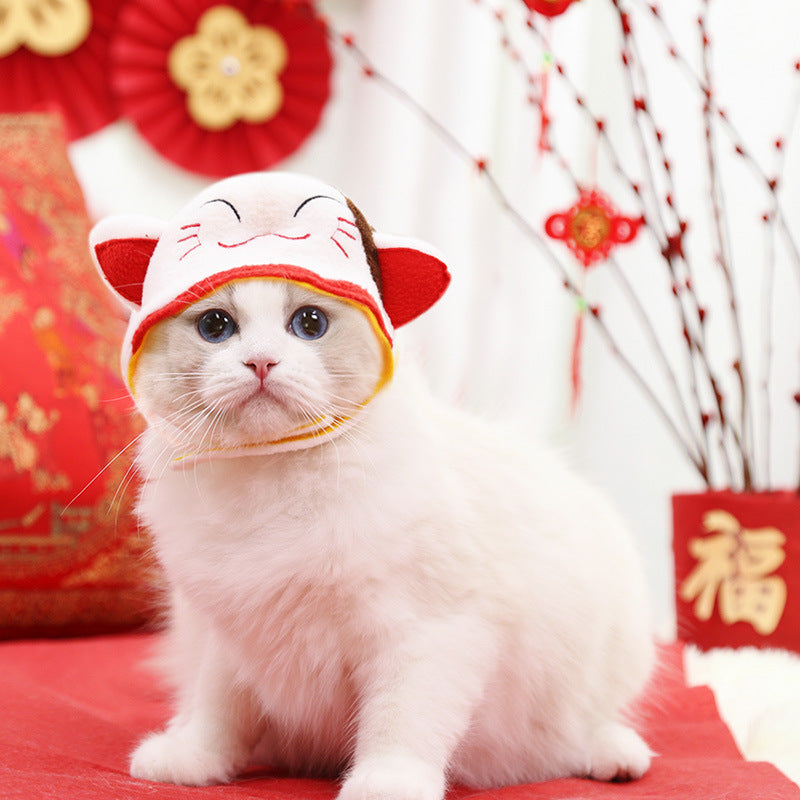 KFX-0977341 Decorative Woolen Pet Caps - Red God of Wealth and White Cat of Wealth for Winter Use