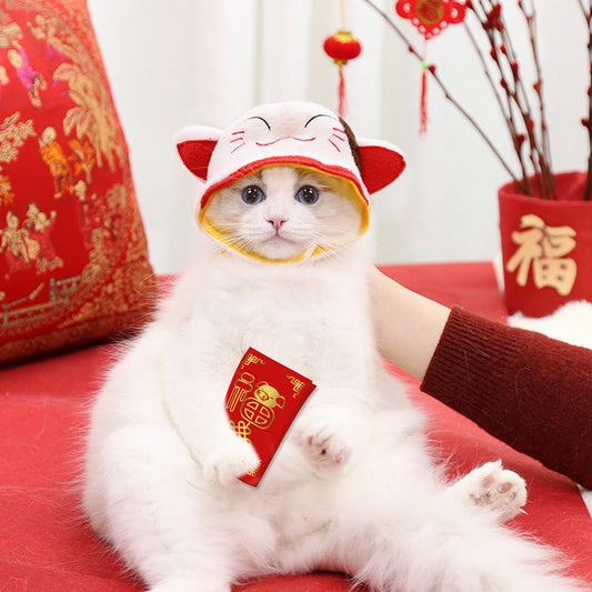 KFX-0977341 Decorative Woolen Pet Caps - Red God of Wealth and White Cat of Wealth for Winter Use