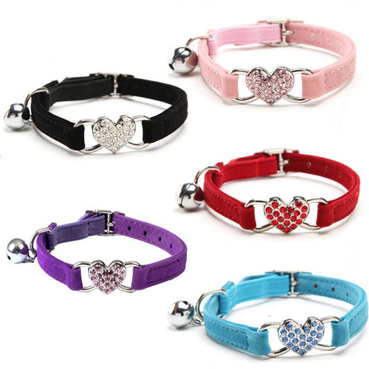 KFX-0980285 Plush Fabric Pet Collar with Water Diamond Design and Bell - Red, Blue, Purple, Black, Pink