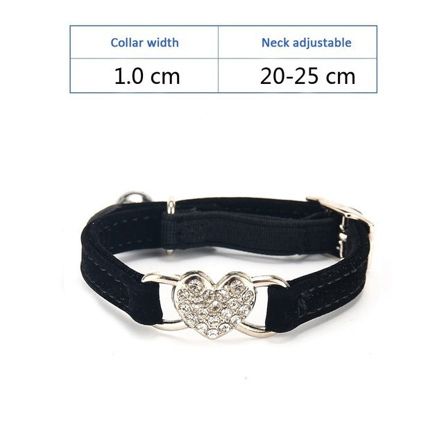 KFX-0980285 Plush Fabric Pet Collar with Water Diamond Design and Bell - Red, Blue, Purple, Black, Pink