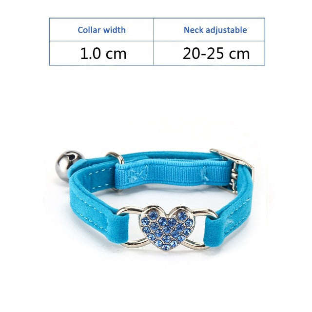 KFX-0980285 Plush Fabric Pet Collar with Water Diamond Design and Bell - Red, Blue, Purple, Black, Pink