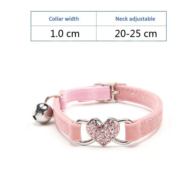 KFX-0980285 Plush Fabric Pet Collar with Water Diamond Design and Bell - Red, Blue, Purple, Black, Pink