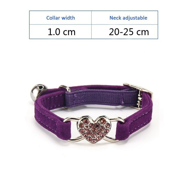 KFX-0980285 Plush Fabric Pet Collar with Water Diamond Design and Bell - Red, Blue, Purple, Black, Pink