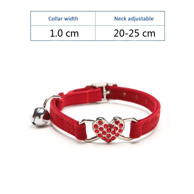 KFX-0980285 Plush Fabric Pet Collar with Water Diamond Design and Bell - Red, Blue, Purple, Black, Pink