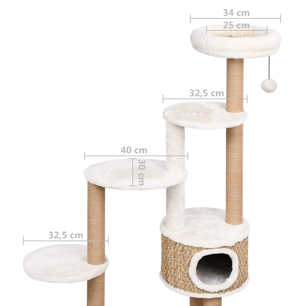 KFX-0981565 Cat Tree with Luxurious Cushion and Seagrass Scratching Posts - 148cm Beige Play Center for Cats