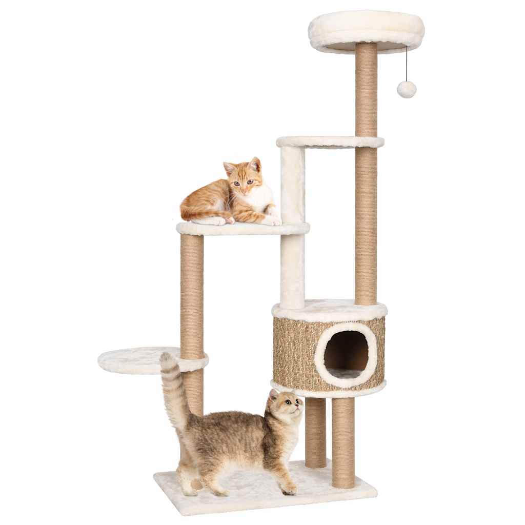 KFX-0981565 Cat Tree with Luxurious Cushion and Seagrass Scratching Posts - 148cm Beige Play Center for Cats