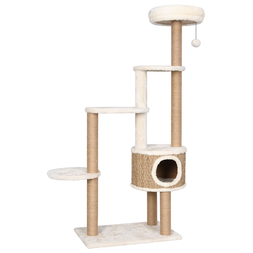 KFX-0981565 Cat Tree with Luxurious Cushion and Seagrass Scratching Posts - 148cm Beige Play Center for Cats