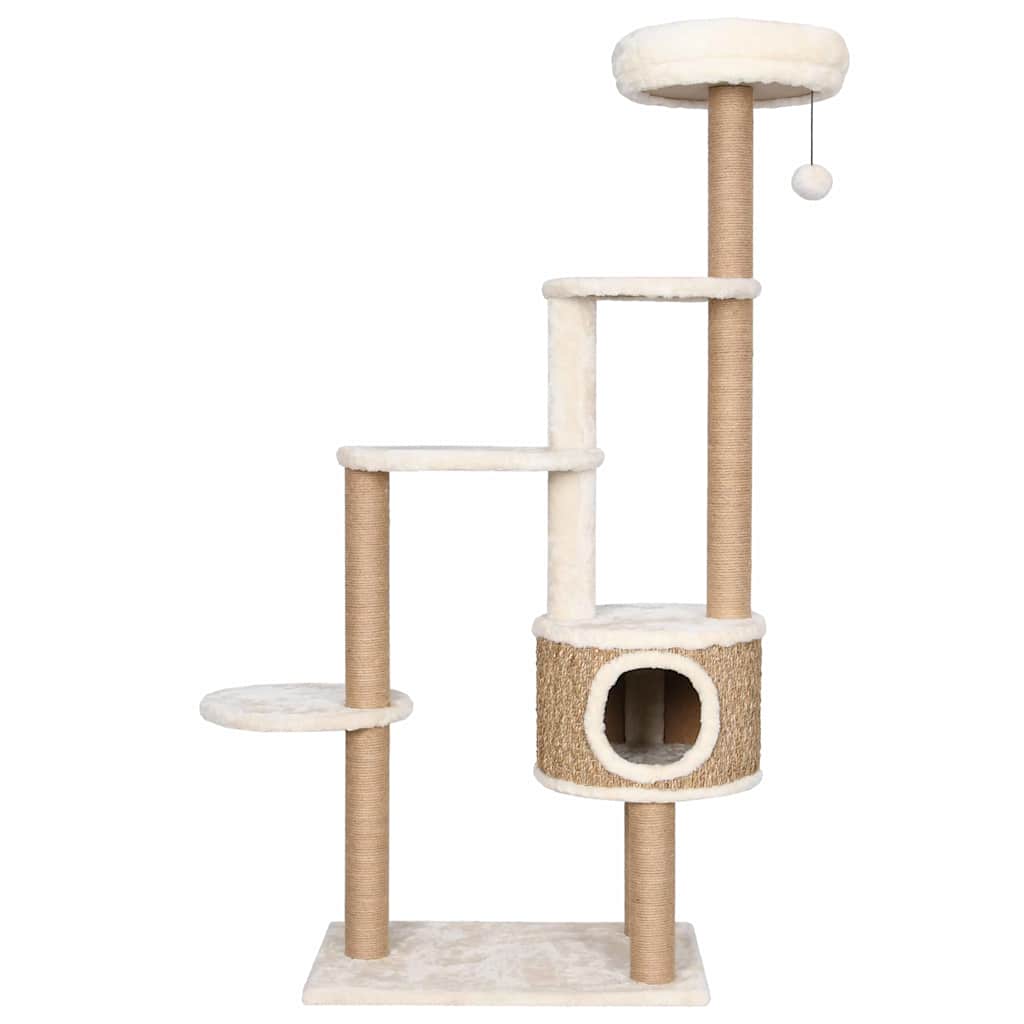 KFX-0981565 Cat Tree with Luxurious Cushion and Seagrass Scratching Posts - 148cm Beige Play Center for Cats