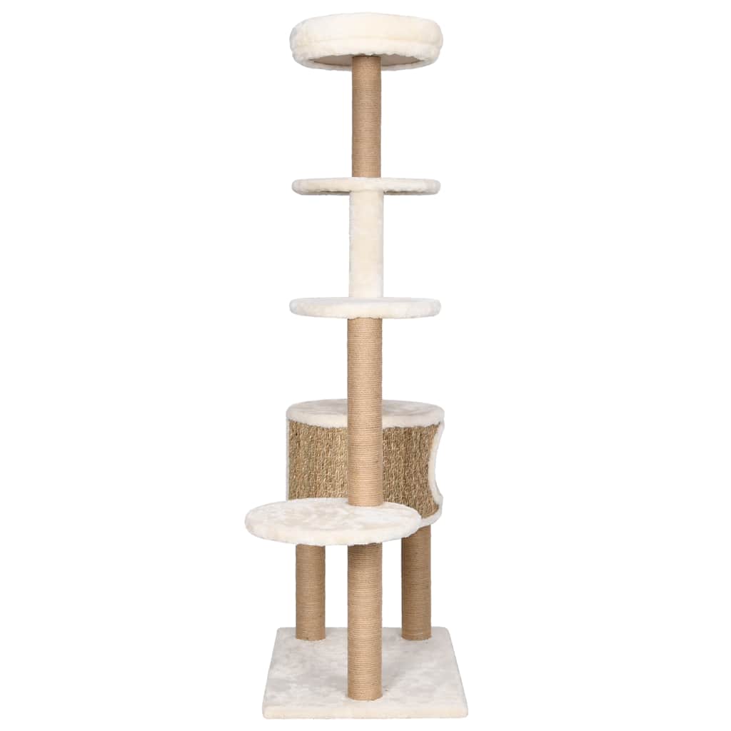KFX-0981565 Cat Tree with Luxurious Cushion and Seagrass Scratching Posts - 148cm Beige Play Center for Cats
