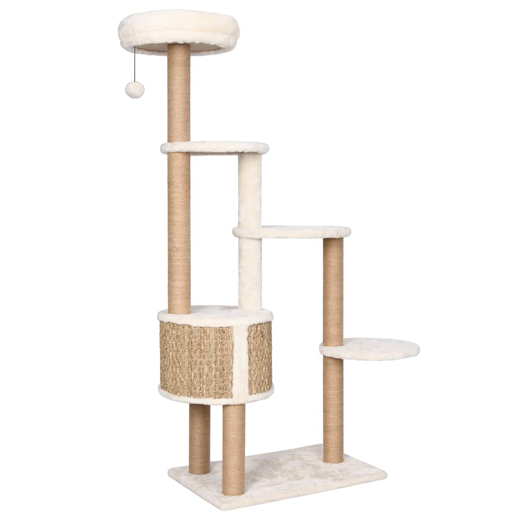 KFX-0981565 Cat Tree with Luxurious Cushion and Seagrass Scratching Posts - 148cm Beige Play Center for Cats
