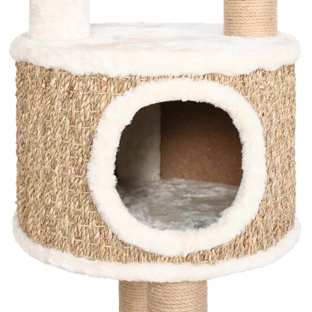 KFX-0981565 Cat Tree with Luxurious Cushion and Seagrass Scratching Posts - 148cm Beige Play Center for Cats