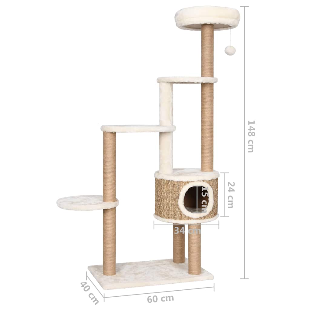 KFX-0981565 Cat Tree with Luxurious Cushion and Seagrass Scratching Posts - 148cm Beige Play Center for Cats