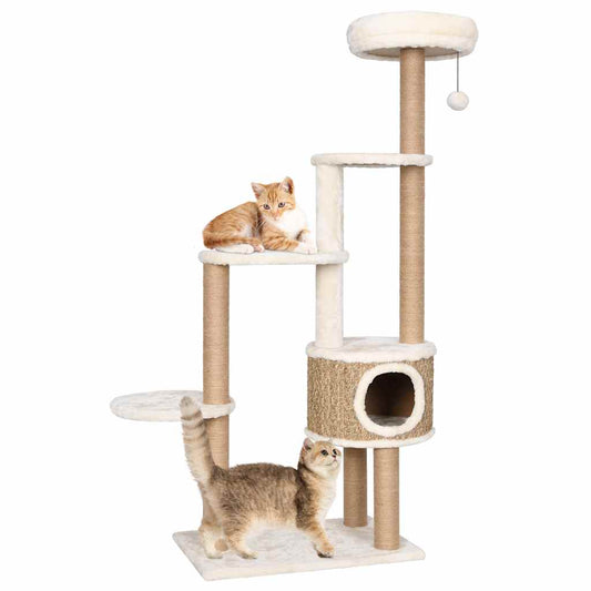 KFX-0981565 Cat Tree with Luxurious Cushion and Seagrass Scratching Posts - 148cm Beige Play Center for Cats