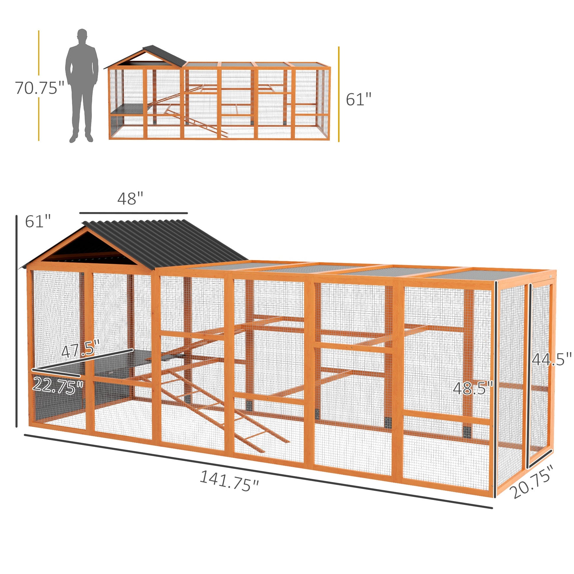 KFX-0981949 Wooden Chicken Coop Run for 6-10 Chickens with Storage, Perches & Ladders - 141.75"x48"x61", Orange