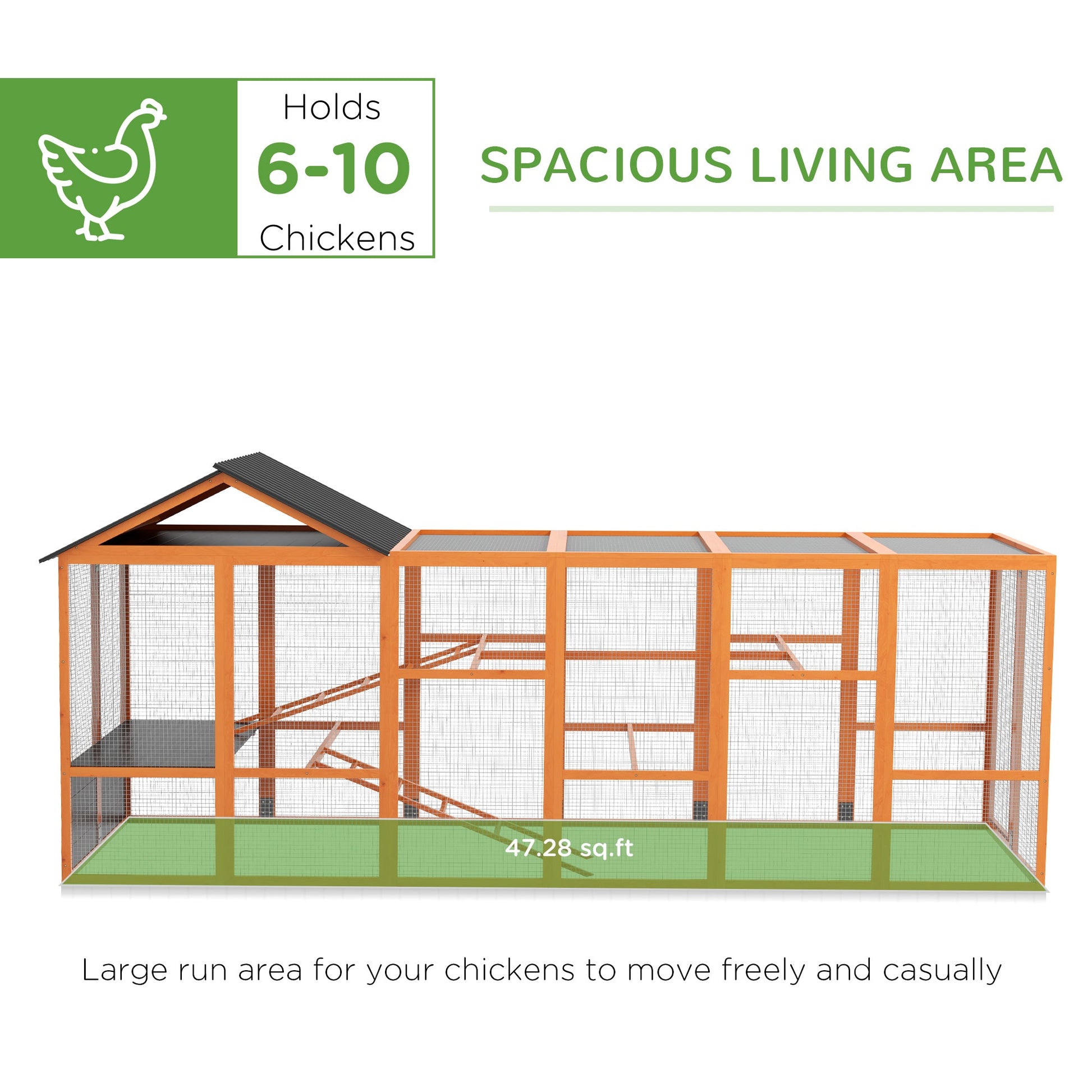 KFX-0981949 Wooden Chicken Coop Run for 6-10 Chickens with Storage, Perches & Ladders - 141.75"x48"x61", Orange