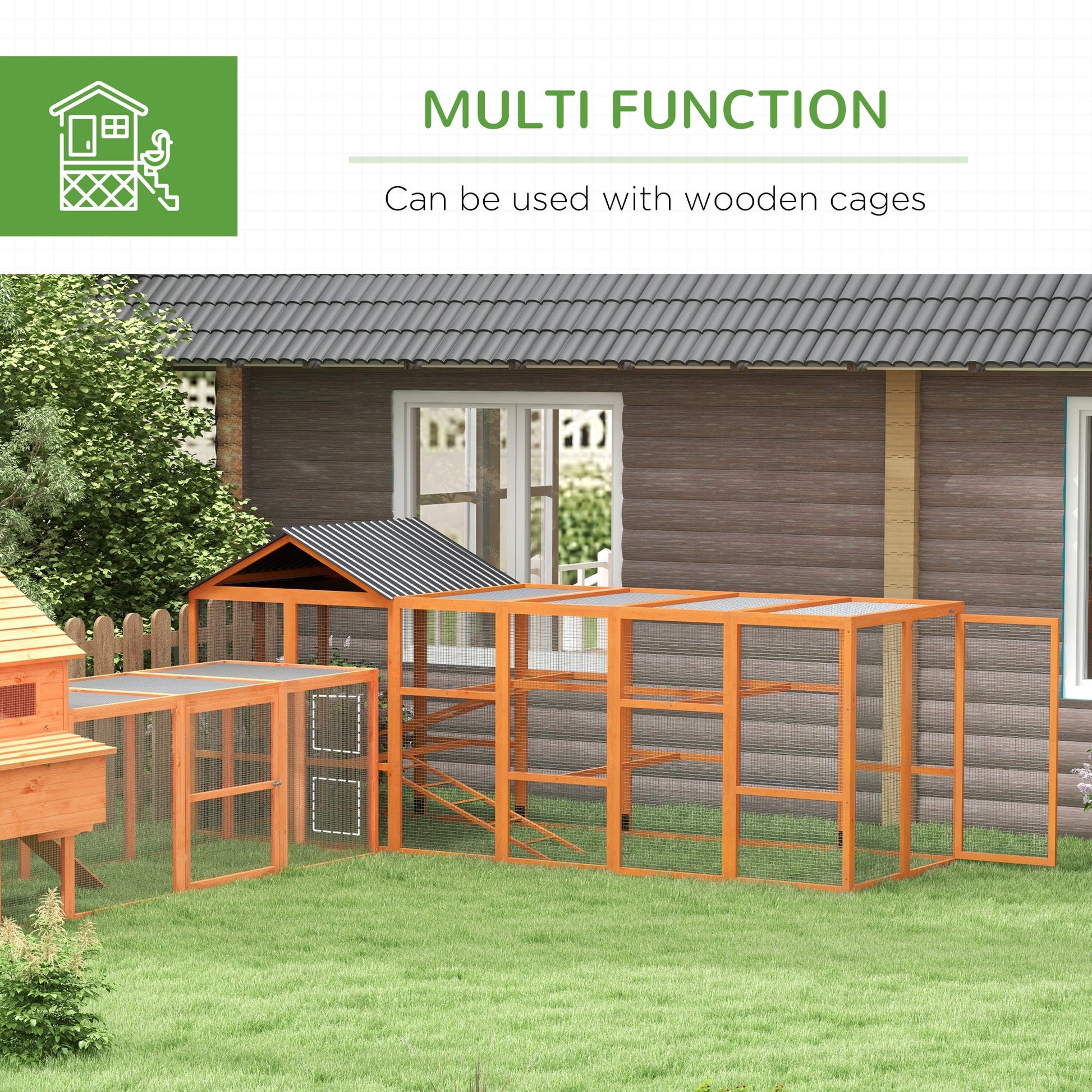 KFX-0981949 Wooden Chicken Coop Run for 6-10 Chickens with Storage, Perches & Ladders - 141.75"x48"x61", Orange