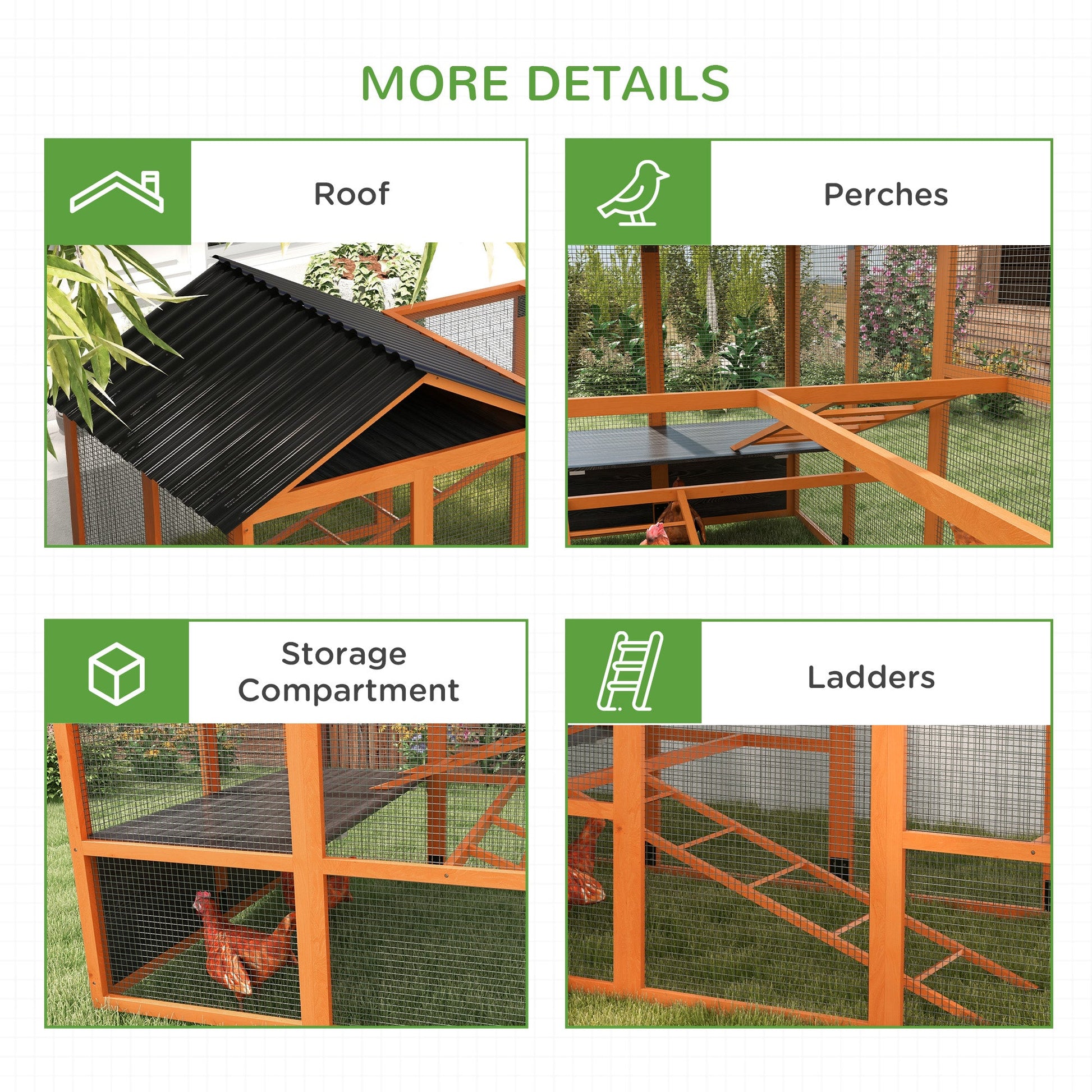 KFX-0981949 Wooden Chicken Coop Run for 6-10 Chickens with Storage, Perches & Ladders - 141.75"x48"x61", Orange